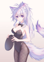 Rule 34 | 1girl, absurdres, animal ear fluff, animal ears, antenna hair, bad id, bad pixiv id, black legwear, black leotard, black neckwear, breasts, cleavage, closed mouth, covered navel, cowboy shot, detached collar, fox ears, fox tail, hair between eyes, highres, holding, holding plate, kirby d a, leotard, long hair, looking at viewer, medium breasts, original, panties, pantyshot, plate, purple eyes, shiny clothes, shiny legwear, sideboob, silver hair, simple background, smile, solo, standing, strapless, strapless leotard, tail, underwear, very long hair, white background