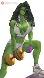Rule 34 | 1girl, abs, animification, araneesama, breasts, cleavage, collar, colored skin, exercising, fingerless gloves, gloves, green eyes, green skin, gym shirt, highres, large breasts, lips, marvel, muscular, muscular female, purple gloves, she-hulk, shirt, shoes, skindentation, sleeveless, sneakers, solo, sports bra, sportswear, thick thighs, thighs, veins, veiny arms, weightlifting, weights