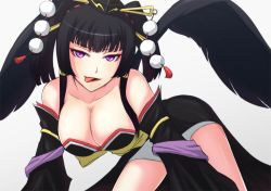 Rule 34 | 1girl, all fours, bare shoulders, black hair, black wings, breasts, cleavage, dead or alive, dead or alive 5, detached sleeves, eyeliner, hat, japanese clothes, large breasts, licking lips, lips, makeup, mole, mole under mouth, naughty face, nyotengu, purple eyes, showgirl skirt, solo, tengu, tokin hat, tongue, tongue out, wings, yogarasu