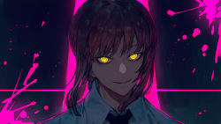 Rule 34 | 1girl, benitama, black background, chainsaw man, collared shirt, dress shirt, highres, makima (chainsaw man), necktie, open mouth, purple background, red hair, ringed eyes, shirt, yellow eyes