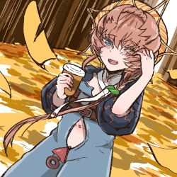 Rule 34 | 1girl, belt, black sleeves, blue eyes, blue overalls, blush, braid, breasts, brown hair, buckle, clothing cutout, coffee cup, crown braid, cup, disposable cup, fate/grand order, fate (series), holding, holding cup, leaf, looking at viewer, navel, navel cutout, one eye closed, open mouth, orange headwear, overalls, puffy sleeves, shimogamo (shimomo 12), side braid, small breasts, solo, striped clothes, striped headwear, tongue, van gogh (fate), wind, zipper pull tab