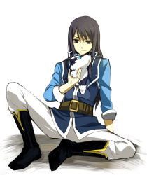Rule 34 | 00s, 1boy, black eyes, black hair, blue eyes, boots, dog, knee boots, long hair, male focus, military, military uniform, nanamura, official alternate costume, puppy, repede (tales), smile, solo, tales of (series), tales of vesperia, tales of vesperia: the first strike, uniform, white background, yuri lowell