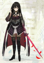 Rule 34 | 1girl, black hair, black thighhighs, boots, closed mouth, dress, hand up, holding, holding sword, holding weapon, inabi, long sleeves, looking at viewer, original, petals, purple dress, red eyes, sash, short dress, solo, standing, sword, thigh boots, thighhighs, weapon, wide sleeves