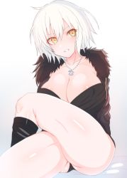Rule 34 | 1girl, ass, bad id, bad pixiv id, black panties, boots, breasts, fate/grand order, fate (series), fur trim, grin, highres, jeanne d&#039;arc (fate), jeanne d&#039;arc alter (fate), jeanne d&#039;arc alter (ver. shinjuku 1999) (fate), large breasts, crossed legs, looking at viewer, makabe gorou, official alternate costume, panties, short hair, smile, solo, underwear, white hair, wicked dragon witch ver. shinjuku 1999, yellow eyes