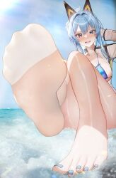 Rule 34 | 1girl, absurdres, bare legs, bare shoulders, barefoot, beach, bikini, blue bikini, blue eyes, blue hair, blue nails, blue sky, blush, braid, breasts, cleavage, collarbone, day, feet, foot focus, french braid, gloves, goddess of victory: nikke, hair ornament, helm (aqua marine) (nikke), helm (nikke), high ponytail, highres, jewelry, knees together feet apart, large breasts, legs, long hair, long sleeves, looking at viewer, nail polish, navel, no shoes, ocean, open clothes, open mouth, open shirt, outdoors, paid reward available, ponytail, sidelocks, single sock, sitting, sky, smile, socks, soles, solo, swimsuit, thighs, toenail polish, toenails, toes, ursica, variant set, water, wet, white gloves, white socks