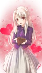 Rule 34 | 1girl, absurdres, arazand, artist name, blonde hair, blush, breasts, candy, chocolate, chocolate heart, commentary, fate/stay night, fate (series), food, heart, heart print, highres, holding, holding chocolate, holding food, illyasviel von einzbern, long hair, looking at viewer, open mouth, red eyes, small breasts, smile, solo, teeth, upper teeth only, valentine