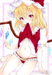 Rule 34 | 1girl, absurdres, asymmetrical hair, barefoot, blonde hair, blush, bow, cameltoe, dress shirt, flandre scarlet, frilled panties, frills, groin, hair between eyes, hat, hat bow, highres, lifted by self, long hair, looking at viewer, marker (medium), midriff, mob cap, mouth hold, navel, open clothes, open shirt, panties, red bow, red eyes, red panties, sample watermark, shirt, short sleeves, sitting, solo, stomach, touhou, traditional media, underwear, watermark, white background, white hat, white shirt, wings, yuiki (cube)