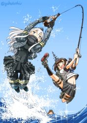 Rule 34 | 3girls, alternate hair color, black socks, blue eyes, blue sky, bottle, brown hair, commentary request, covered navel, cropped jacket, day, fishing, fishing line, fishing rod, fubuki (kancolle), garrison cap, green eyes, hair ornament, hairclip, hat, highres, holding, holding fishing rod, i-401 (kancolle), jumping, kantai collection, kneehighs, long hair, long sleeves, looking at viewer, low ponytail, machinery, midriff, military, military uniform, multiple girls, navel, ocean, open mouth, outstretched leg, pantyhose, parody, pleated skirt, ponytail, puffy long sleeves, puffy sleeves, remodel (kantai collection), school uniform, serafuku, short ponytail, short sleeves, skirt, sky, socks, sogabe toshinori, sparkle, thighhighs, tsurikichi sanpei, twitter username, u-511 (kancolle), uniform, water, white hair