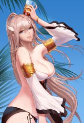 Rule 34 | 1girl, absurdres, bare shoulders, bikini, blue eyes, blue sky, bracelet, breasts, cleavage, cup, day, detached sleeves, drink, drinking glass, dungeon and fighter, earrings, feather hair ornament, feathers, female gunner (dungeon and fighter), hair between eyes, hair ornament, highres, holding, ice, ice cube, jewelry, large breasts, long hair, looking at viewer, monaim, on head, original, outdoors, parted lips, platinum blonde hair, shiny skin, side-tie bikini bottom, sky, smile, solo, sweat, sweatdrop, swimsuit, teeth, very long hair, wide sleeves