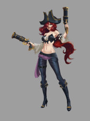 Rule 34 | 1girl, absurdres, belt, black hat, boots, breasts, cleavage, collarbone, dual wielding, green eyes, grey background, gun, hair over one eye, hat, high heel boots, high heels, highres, holding, holding gun, holding weapon, league of legends, lipstick, long hair, makeup, miss fortune (league of legends), navel, pirate, pirate hat, red hair, red lips, simple background, smile, solo, standing, teeth, thigh strap, weapon, yudi