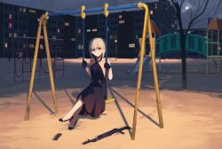Rule 34 | 1girl, an-94, an-94 (girls&#039; frontline), an-94 (silent rouge) (girls&#039; frontline), aqua eyes, assault rifle, bare shoulders, black dress, black footwear, blonde hair, breasts, closed mouth, collarbone, crossed legs, dress, girls&#039; frontline, gun, hair ornament, high heels, highres, hinami047, long hair, looking at viewer, magazine (weapon), official alternate costume, rifle, russia, scenery, sitting, sky, sleeveless, sleeveless dress, small breasts, snow, solo, weapon, weapon on floor, winter