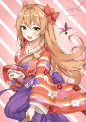 Rule 34 | 1girl, :d, ahoge, blush, breasts, brown hair, dated, floating hair, floral print, folded fan, folding fan, girls&#039; frontline, green eyes, hair between eyes, hair bun, hair ribbon, hakama, hakama skirt, hand fan, holding, holding fan, japanese clothes, kimono, long hair, long sleeves, looking at viewer, medium breasts, official alternate costume, open mouth, pink background, print kimono, purple hakama, red kimono, red ribbon, rfb (girls&#039; frontline), rfb (new year&#039;s mvp) (girls&#039; frontline), ribbon, sidelocks, signature, skirt, sleeves past wrists, smile, solo, striped background, striped clothes, striped kimono, twitter username, unel, very long hair, wide sleeves