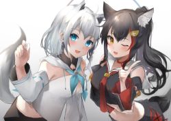 Rule 34 | ahoge, alternate hairstyle, animal ear fluff, animal ears, black hair, black shirt, black shorts, black skirt, blue eyes, blush, braid, breasts, choker, commentary, cowboy shot, detached sleeves, fox ears, fox tail, gradient background, grey background, hair between eyes, hair ornament, highres, hololive, hood, hoodie, index finger raised, kyoro ina, long hair, looking at viewer, medium breasts, midriff, miniskirt, navel, one eye closed, ookami mio, ookami mio (1st costume), open mouth, orange eyes, ponytail, red choker, red hair, red neckwear, sailor collar, shirakami fubuki, shirakami fubuki (1st costume), shirt, short shorts, shorts, side braid, silver hair, simple background, skirt, smile, tail, virtual youtuber, white background, white hoodie, wolf ears, wolf tail