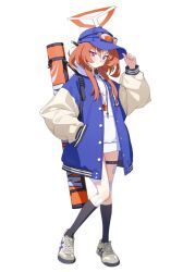 Rule 34 | 1girl, bandaid, bandaid on face, bandaid on nose, bandaid on thigh, baseball cap, baseball jersey, black socks, blue archive, eyewear on head, full body, hat, jersey, official art, orange hair, purple eyes, red hair, rei (blue archive), shoes, simple background, sneakers, socks, solo, sunglasses, third-party source, whistle, whistle around neck, white background
