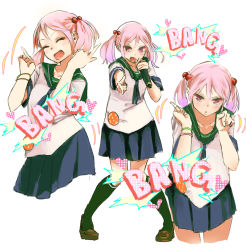 Rule 34 | badge, black socks, blue neckerchief, blue skirt, blush, brown footwear, button badge, closed eyes, commentary, finger gun, hair bobbles, hair ornament, kantai collection, ken sogen, kneehighs, loafers, looking at viewer, microphone, multiple views, music, neckerchief, open mouth, pink eyes, pink hair, pleated skirt, pointing, pointing at viewer, pointing up, sazanami (kancolle), school uniform, serafuku, shoes, simple background, singing, skirt, socks, spread legs, twintails, white background