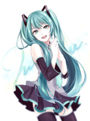 Rule 34 | 1girl, :d, aqua eyes, aqua hair, aqua nails, aqua necktie, bare shoulders, black skirt, black thighhighs, blurry, commentary, cowboy shot, detached sleeves, grey vest, hair ornament, hatsune miku, head tilt, highres, long hair, long sleeves, looking at viewer, miniskirt, nail polish, nashite, necktie, open mouth, own hands together, pleated skirt, skirt, smile, solo, standing, thighhighs, thighs, twintails, very long hair, vest, vocaloid, white background, wide sleeves, zettai ryouiki