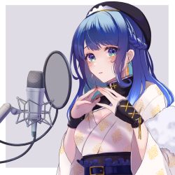 Rule 34 | 1girl, belt, black hat, blue belt, blue eyes, blue hair, blue nails, border, braid, breasts, character request, cleavage, closed mouth, commission, hat, highres, japanese clothes, kimono, long hair, looking at viewer, medium breasts, microphone, multicolored hair, nail polish, pop filter, print kimono, ribbon, rik works, skeb commission, solo, two-tone hair, virtual youtuber, white border, white kimono, yellow ribbon