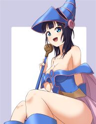 Rule 34 | 1girl, asaka karin, bare shoulders, blue eyes, blue footwear, blue hair, blue hat, boots, breasts, buson0120, cleavage, collarbone, cosplay, dark magician girl, dark magician girl (cosplay), dress, hat, highres, holding, holding wand, large breasts, long hair, looking at viewer, love live!, love live! nijigasaki high school idol club, mole, off-shoulder dress, off shoulder, open mouth, sitting, smile, solo, wand, wizard hat, yu-gi-oh!