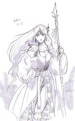 Rule 34 | 1990s (style), 1girl, cecilia harvey, dress, female focus, final fantasy, final fantasy iv, hands on own hips, long hair, lowres, monochrome, na (pixiv913562), polearm, shoulder pads, solo, spear, tiara, weapon, white background