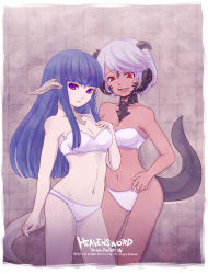 Rule 34 | 10s, 2girls, :d, au ra, bad id, bad pixiv id, blunt bangs, bra, breasts, cleavage, copyright name, dark-skinned female, dark skin, dragon girl, dragon tail, final fantasy, final fantasy xiv, gesugao, hand on own chest, hand on own hip, hime cut, long hair, medium breasts, multiple girls, navel, open mouth, panties, purple eyes, purple hair, red eyes, rr, short hair, silver hair, small breasts, smile, tail, underwear, underwear only, warrior of light (ff14), white bra, white panties