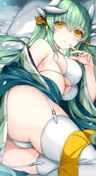 Rule 34 | 1girl, bare shoulders, bikini, blush, breasts, closed mouth, commentary request, dragon girl, dragon horns, fate/grand order, fate (series), garter straps, green hair, hair ornament, highres, horns, japanese clothes, jewelry, kiyohime (fate), large breasts, long hair, long sleeves, looking at viewer, lying, morizono shiki, off shoulder, on side, ring, smile, solo, swimsuit, thighhighs, thighs, white bikini, white garter straps, white thighhighs, yellow eyes