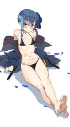 Rule 34 | 1girl, bare legs, bare shoulders, barefoot, bikini, black bikini, black jacket, blue eyes, blue hair, blush, breasts, collarbone, crossed ankles, feet, grin, hair ribbon, halterneck, highres, hololive, hoshimachi suisei, jacket, jewelry, kinki untouch, leaning back, legs, long sleeves, looking at viewer, navel, off shoulder, open clothes, open jacket, parted lips, petals, ribbon, ribs, ring, sidelocks, simple background, sitting, skinny, small breasts, smile, soles, solo, stomach, string bikini, swimsuit, teeth, thighs, toes, v-shaped eyebrows, virtual youtuber, white background