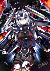 Rule 34 | bodysuit, breasts, clenched hands, cowlick, flying, full armor gundam, green eyes, gundam, gundam thunderbolt, highres, i.takashi, looking to the side, mecha musume, medium breasts, open mouth, personification, silver hair, skin tight, solo, space