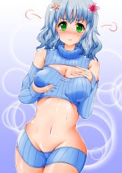 Rule 34 | &gt;:t, 10s, 1girl, :t, absurdres, amagi brilliant park, anger vein, angry, arm warmers, blue hair, blush, breast hold, breasts, cleavage, cleavage cutout, clothing cutout, crop top, detached sleeves, green eyes, groin, hair ornament, highres, kuria (clear trip second), large breasts, meme attire, midriff, muse (amaburi), navel, no panties, open-chest sweater, pout, revealing clothes, ribbed sweater, grabbing own breast, short hair, shorts, sleeveless, sleeveless turtleneck, solo, sweat, sweater, tears, turtleneck, v-shaped eyebrows