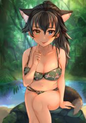 Rule 34 | 1girl, absurdres, alternate hairstyle, ancolatte (onikuanco), animal ear fluff, animal ears, bikini, black hair, blue eyes, breasts, cleavage, collarbone, commentary, commentary request, day, extra ears, fang, fang out, forest, grey wolf (kemono friends), heterochromia, highres, kemono friends, large breasts, light rays, long hair, looking at viewer, multicolored hair, nail polish, nature, navel, outdoors, plant, ponytail, rock, sitting, sitting on rock, solo, sunlight, swimsuit, tail, tongue, tongue out, two-tone hair, water, white hair, wolf ears, wolf girl, wolf tail, yellow eyes