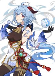 Rule 34 | 1girl, ahoge, bare shoulders, bell, black gloves, blue hair, bow, breasts, brown pantyhose, chinese knot, detached sleeves, flower knot, ganyu (genshin impact), genshin impact, gloves, gold trim, highres, horns, long hair, looking at viewer, low ponytail, medium breasts, neck bell, orb, pantyhose, purple eyes, qilin (mythology), sidelocks, solo, taiki (ozone), tassel, thighlet, thighs, vision (genshin impact), white sleeves