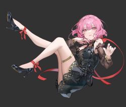 Rule 34 | 1girl, ankle bow, ankle ribbon, black background, black footwear, bow, breasts, chyoel, detached sleeves, floating, high heels, highres, indie utaite, korean commentary, leg ribbon, looking at viewer, medium breasts, mixed-language commentary, niconico, nqrse, open mouth, pink hair, purple eyes, purple hair, red bow, ribbon, see-through, see-through sleeves, short hair, solo, thigh strap, utaite