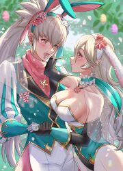 Rule 34 | 1boy, 1girl, alternate costume, animal ears, bare shoulders, blush, breasts, cleavage, collar, corrin (female) (fire emblem), corrin (fire emblem), detached collar, fire emblem, fire emblem fates, fire emblem heroes, frilled collar, frills, gloves, grey hair, hair between eyes, hairband, headpat, highres, holding hands, husband and wife, jewelry, large breasts, leotard, long hair, looking at another, nintendo, nontraditional playboy bunny, pantyhose, playboy bunny, pointy ears, ponytail, puffy sleeves, red eyes, ring, smile, snow20200, strapless, strapless leotard, takumi (fire emblem), tsundere, wedding ring, white gloves, white hair