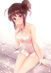Rule 34 | 10s, 1girl, :3, ahoge, bad id, bad pixiv id, breasts, brown hair, closed mouth, collarbone, covering privates, dripping, hair bun, hair intakes, holding, idolmaster, idolmaster million live!, ima (lm ew), light smile, long hair, looking at viewer, naked towel, nude, nude cover, purple eyes, revision, see-through, side bun, single hair bun, single side bun, sitting, smile, soaking feet, solo, thighs, tile floor, tiles, towel, water, wet, white towel, yokoyama nao