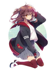 Rule 34 | 1girl, brown hair, buttons, clip studio paint (medium), hair ornament, half-closed eyes, highres, how to, inma, jacket, jumping, light frown, open clothes, open jacket, pleated skirt, sailor collar, skirt, thighhighs, wind, yellow eyes