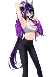Rule 34 | 1girl, absurdres, arm up, armpits, bandeau, bare shoulders, black pants, breasts, cleavage, commentary request, feet out of frame, goddess of victory: nikke, hair between eyes, hand up, highres, jacket, kipdrew, large breasts, leggings, long hair, long sleeves, mask, midriff, mouth mask, navel, pants, purple eyes, purple hair, purple jacket, simple background, sin (nikke), solo, standing, stomach, strapless, thighs, tube top, very long hair, white background