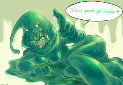 Rule 34 | 1girl, breasts, cleavage, english text, genderswap, genderswap (mtf), green hair, heart, league of legends, lying, monster girl, nam (valckiry), personification, sharp teeth, slime (substance), slime girl, solo, spoken heart, teeth, tongue, tongue out, yellow eyes, zac (league of legends)