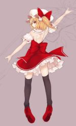 Rule 34 | 1girl, alternate costume, back, black thighhighs, blonde hair, boots, bow, flandre scarlet, frilled skirt, frills, hat, hat ribbon, looking at viewer, looking back, puffy sleeves, red bow, red eyes, red footwear, red skirt, ribbon, side ponytail, skirt, smirk, solo, thighhighs, thighs, touhou, utakata (kochou no yume), zettai ryouiki