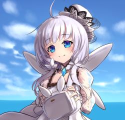Rule 34 | 1girl, aged down, ahoge, azur lane, bag, blue eyes, chagara, child, choker, cloud, dress, fairy wings, fake wings, hat, holding, illustrious (azur lane), jewelry, little illustrious (azur lane), long hair, low twintails, outdoors, pendant, silver hair, sky, smile, solo, twintails, upper body, white dress, white hat, wings