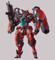 Rule 34 | bad id, bad twitter id, clenched hand, grey background, gun, highres, holding, holding gun, holding weapon, joints, looking down, mecha, no humans, original, robot, robot joints, solo, standing, taedu, visor, weapon