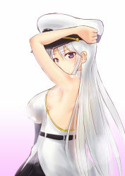Rule 34 | 1girl, arm up, azur lane, bare arms, bare shoulders, belt, black belt, black necktie, blush, breasts, collared shirt, commentary request, ears visible through hair, enterprise (azur lane), from side, fujikusa, furrowed brow, hand on headwear, hat, high belt, highres, large breasts, light blush, long hair, looking at viewer, looking to the side, necktie, peaked cap, purple eyes, shirt, sideboob, silver hair, sleeveless, sleeveless shirt, solo, upper body, very long hair, white hat, wing collar