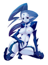 Rule 34 | 00s, 1girl, blue eyes, blue hair, blue skin, breasts, colored skin, covered erect nipples, female focus, final fantasy, final fantasy xi, full body, jewelry, large breasts, long hair, long pointy ears, matching hair/eyes, nipples, pointy ears, ring, shiva (final fantasy), simple background, solo, yon you yui ko, yotsuba yuiko