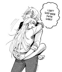 Rule 34 | 2girls, barefoot, blush, carrying, carrying person, closed eyes, commentary, crying, dungeon meshi, elf, english commentary, english text, falin touden, falin touden (tallman), greyscale, hand on another&#039;s ass, highres, kkxuroky, long sleeves, marcille donato, medium hair, monochrome, motion lines, multiple girls, open mouth, pants, pointy ears, shirt, speech bubble, tears, yuri