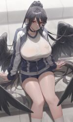 Rule 34 | 1girl, absurdres, bad id, bad twitter id, black choker, black hair, blue archive, blush, breasts, choker, collarbone, commentary, english commentary, feet out of frame, free style (yohan1754), hair between eyes, hasumi (blue archive), hasumi (track) (blue archive), highres, jacket, large breasts, long hair, looking at viewer, low wings, mole, mole under eye, parted lips, partially unzipped, ponytail, red eyes, shirt, sitting, socks, solo, thighs, very long hair, white shirt, white socks, wings