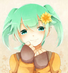 Rule 34 | 1boy, bad id, bad pixiv id, fei rune, fingerless gloves, flower, gloves, green eyes, green hair, hair flower, hair ornament, inazuma eleven (series), inazuma eleven go, inazuma eleven go chrono stone, jpeg artifacts, looking at viewer, male focus, matching hair/eyes, poison916, smile, solo, upper body