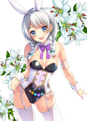 Rule 34 | 1girl, :d, animal ears, bang dream!, black leotard, blue bow, blue eyes, blush, bow, bowtie, braid, breasts, commentary request, cowboy shot, detached collar, earrings, fake animal ears, flower, flower earrings, garter straps, gluteal fold, groin, hair bow, hairband, hand on own hip, head tilt, highleg, highleg leotard, highres, jewelry, leotard, lily (flower), looking at viewer, low twin braids, medium breasts, medium hair, nail polish, open mouth, playboy bunny, purple bow, purple bowtie, purple nails, rabbit ears, shadow, simple background, skindentation, smile, solo, standing, strapless, strapless leotard, stud earrings, teeth, thighhighs, tsurugi hikaru, twin braids, upper teeth only, wakamiya eve, white background, white hair, white thighhighs, wrist cuffs