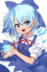 Rule 34 | 1girl, absurdres, blue bow, blue dress, blue eyes, blue hair, bow, breasts, cirno, dress, fang, hair between eyes, hair bow, head tilt, highres, ice, ice wings, looking at viewer, mamadasky, medium hair, neck ribbon, open mouth, pinafore dress, puffy short sleeves, puffy sleeves, red ribbon, ribbon, shirt, short sleeves, simple background, sleeveless dress, small breasts, smile, solo, touhou, white background, white shirt, wings