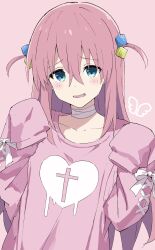 Rule 34 | 1girl, absurdres, adapted costume, as buppa, blue eyes, bocchi the rock!, bow, cross, gotoh hitori, heart, highres, jacket, looking at viewer, nervous, pink background, pink hair, pink jacket, satou aiko, sleeves past fingers, sleeves past wrists, solo, white bow