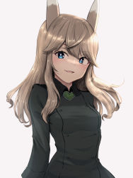 Rule 34 | 1girl, animal ears, blonde hair, blue eyes, blush, breasts, cowboy shot, fox ears, gradient eyes, highres, hora liar, jacket, liar lawyer, long hair, military, military jacket, military uniform, multicolored eyes, ottilie kittel, small breasts, smile, solo, strike witches, uniform, world witches series
