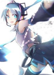 Rule 34 | 1girl, akino coto, aqua eyes, aqua hair, aqua necktie, bare shoulders, black skirt, black sleeves, black thighhighs, bloom, blurry, blurry background, blurry foreground, commentary, depth of field, detached sleeves, fang, grey shirt, hair ornament, hatsune miku, headphones, headset, leaning forward, long hair, looking at viewer, looking back, necktie, open mouth, outstretched arm, shirt, shoulder tattoo, skin fang, skirt, sleeveless, sleeveless shirt, smile, solo, tattoo, thighhighs, twintails, very long hair, vocaloid, white background, zettai ryouiki