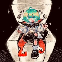 Rule 34 | 1girl, animal ears, antennae, bird ears, black cape, black footwear, bucket, cape, chair, fireflies, green eyes, green hair, in bucket, in container, mokumoku22, open mouth, pants, plaid, plaid vest, short hair, sitting, socks, solo, star-shaped pupils, star (symbol), symbol-shaped pupils, teeth, touhou, two-sided cape, two-sided fabric, upper teeth only, vest, wriggle nightbug